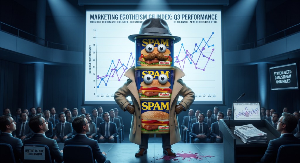 Artie on stage under spotlights at a Q3 all-hands, with a Marketing Egotheism Index chart projected behind him.