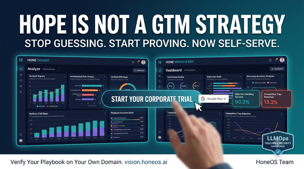 HoneOS marketing banner — Hope is not a GTM strategy, with Hone Insight and Hone Vision X-RAY dashboards and a Start Your Corporate Trial call to action