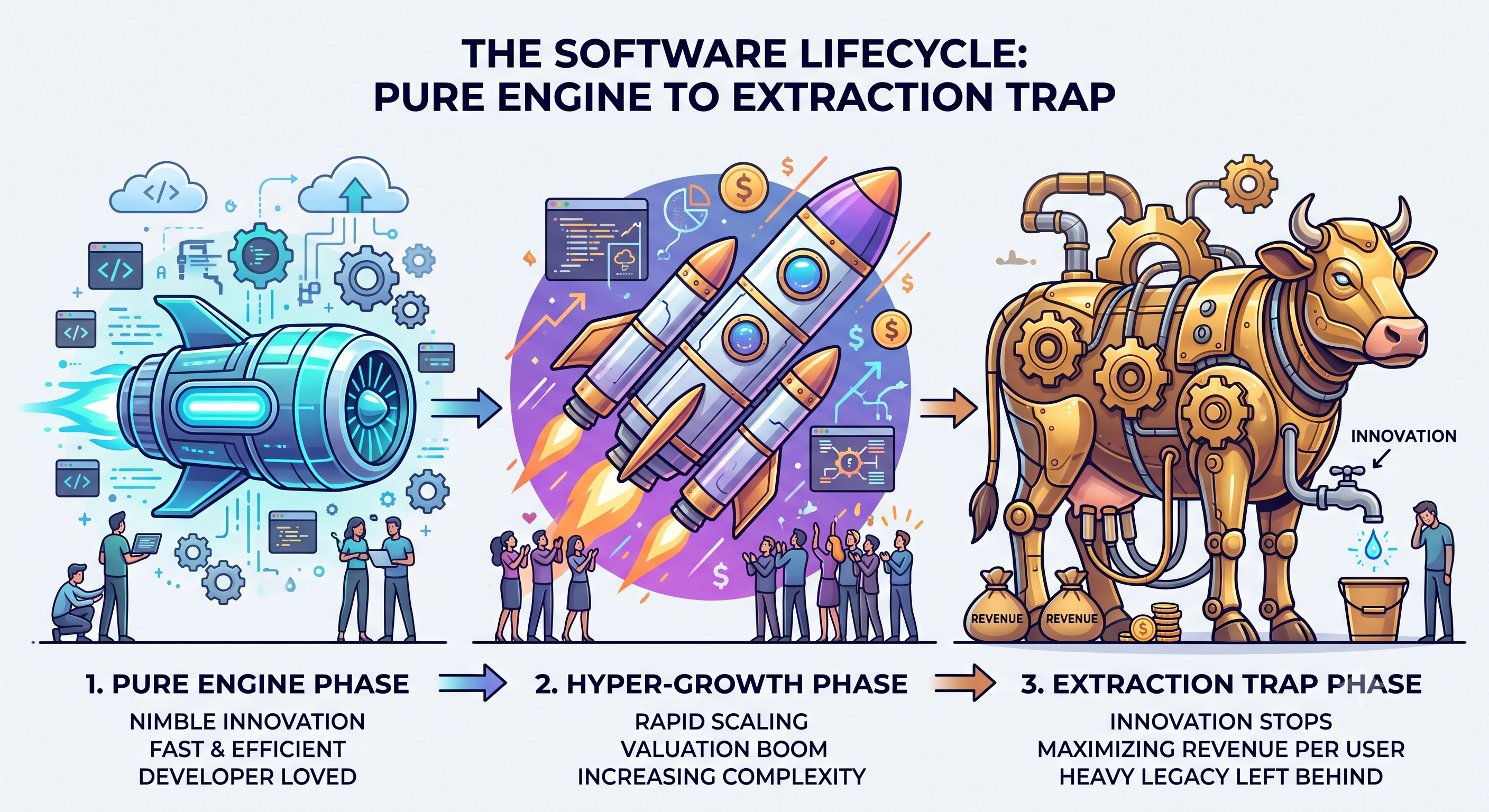 Flowchart detailing the transition from Pure Engine to Hyper-Growth and finally Extraction Trap