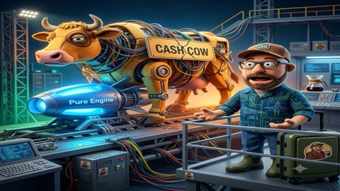 Digital illustration contrasting a sleek, glowing blue engine with a massive, heavy, gold-plated robotic cow covered in wires.