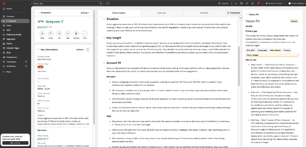 HubSpot CRM integration showing Vision Insights embedded directly on the target account record for Groq.com