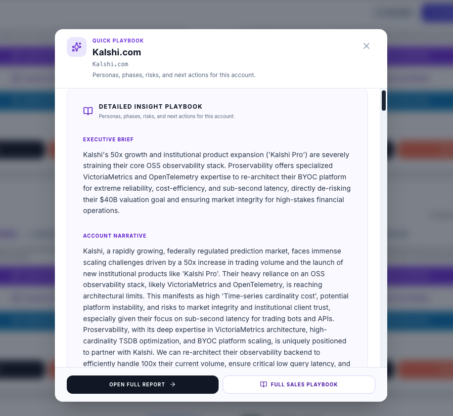 The Quick Playbook view for Kalshi.com detailing the executive brief and account narrative
