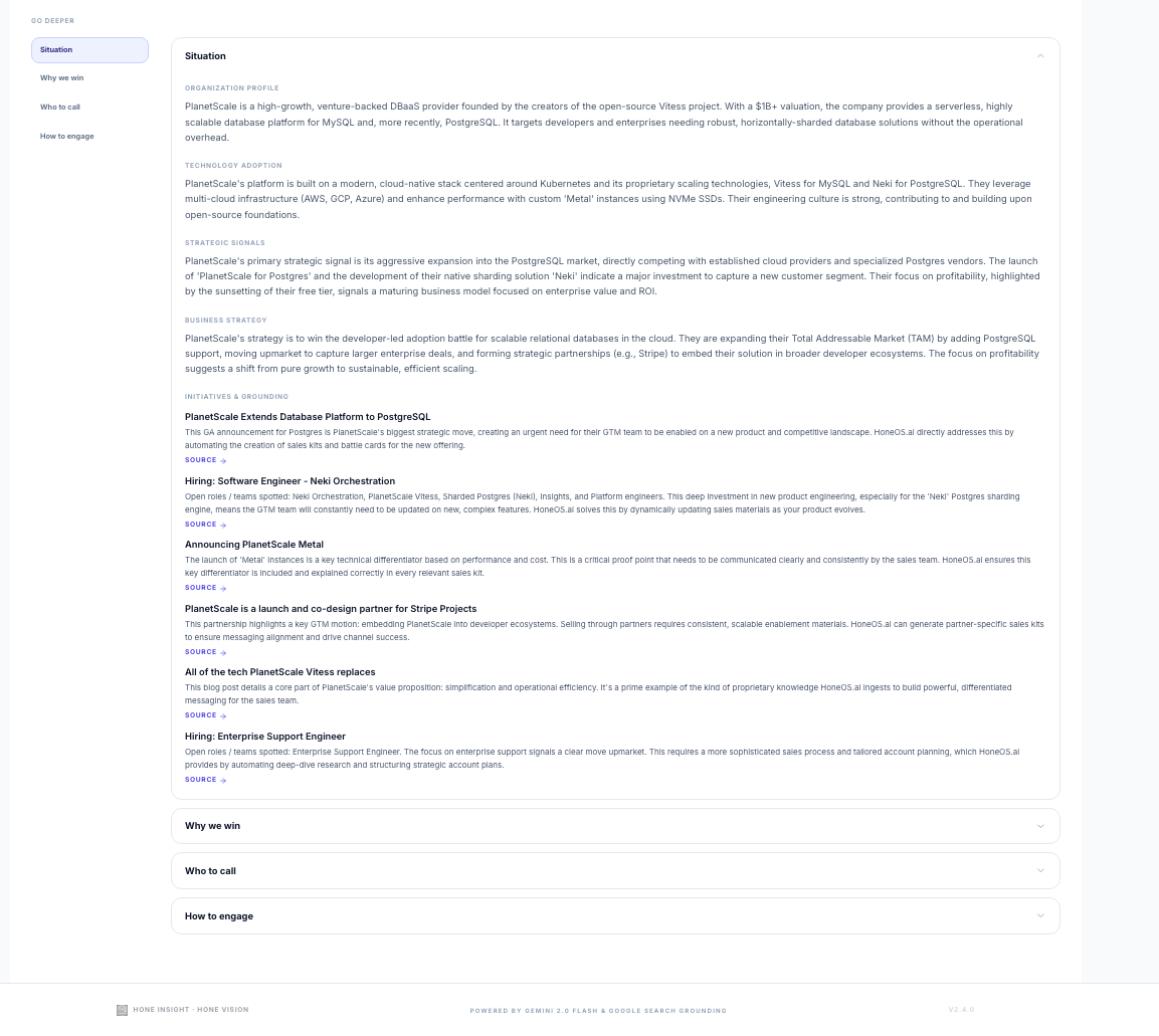 Executive-first Insight report with thesis and next steps above the fold