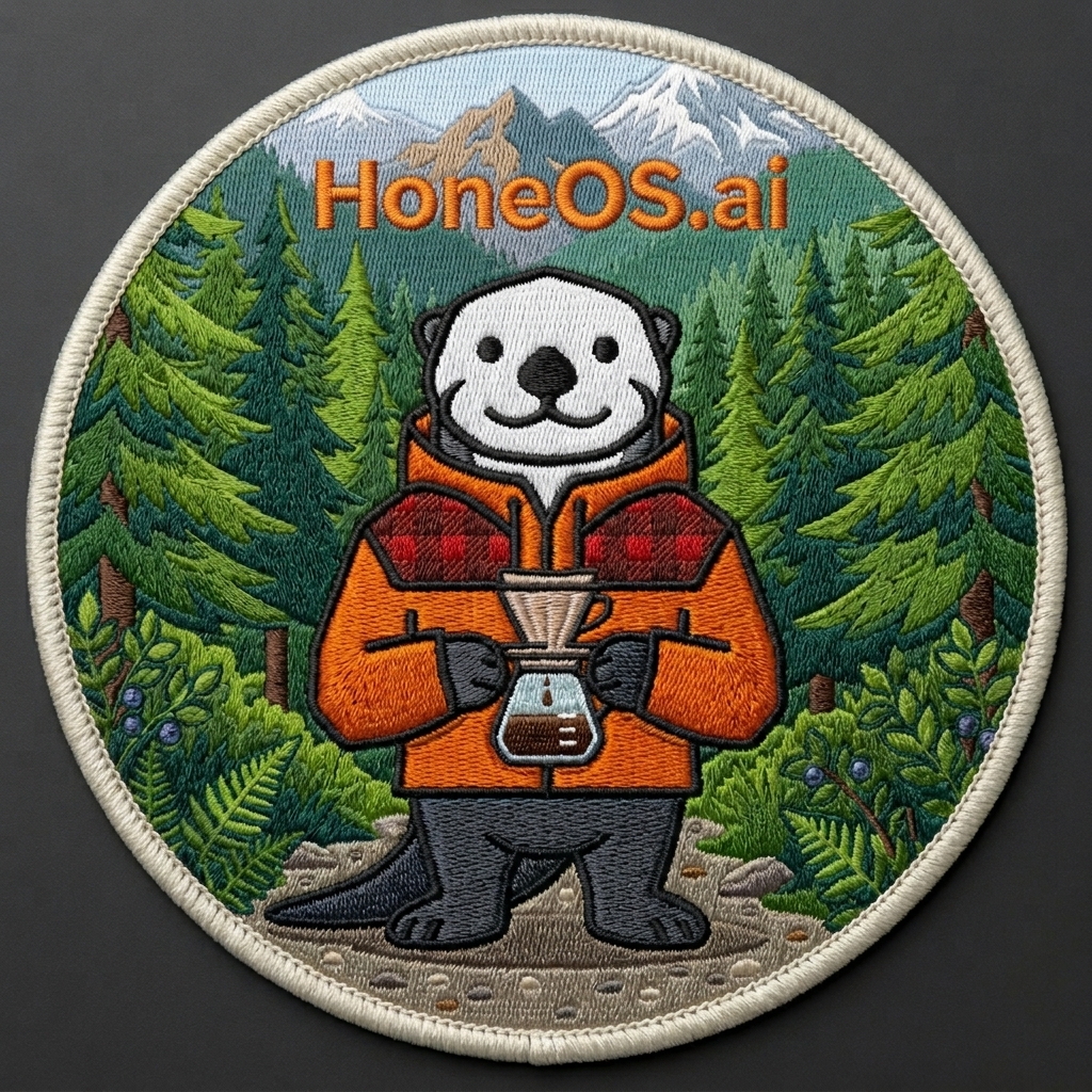 Ody, the HoneOS.ai otter mascot in an orange jacket, holding a pour-over coffee carafe in a Pacific Northwest forest with mountains behind him.