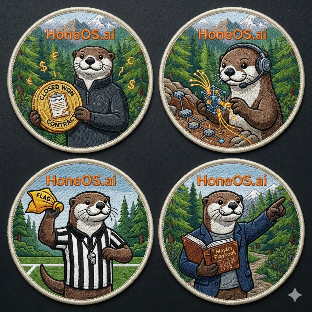 Four HoneOS.ai embroidered patches in a grid: Sales Ody with a closed-won contract medallion; Technical Ody with headset and glowing data cube; Coach Ody as referee with yellow flag; Strategist Ody in a blazer holding an open Master Playbook on a forest trail. PNW trees and mountains on each patch.